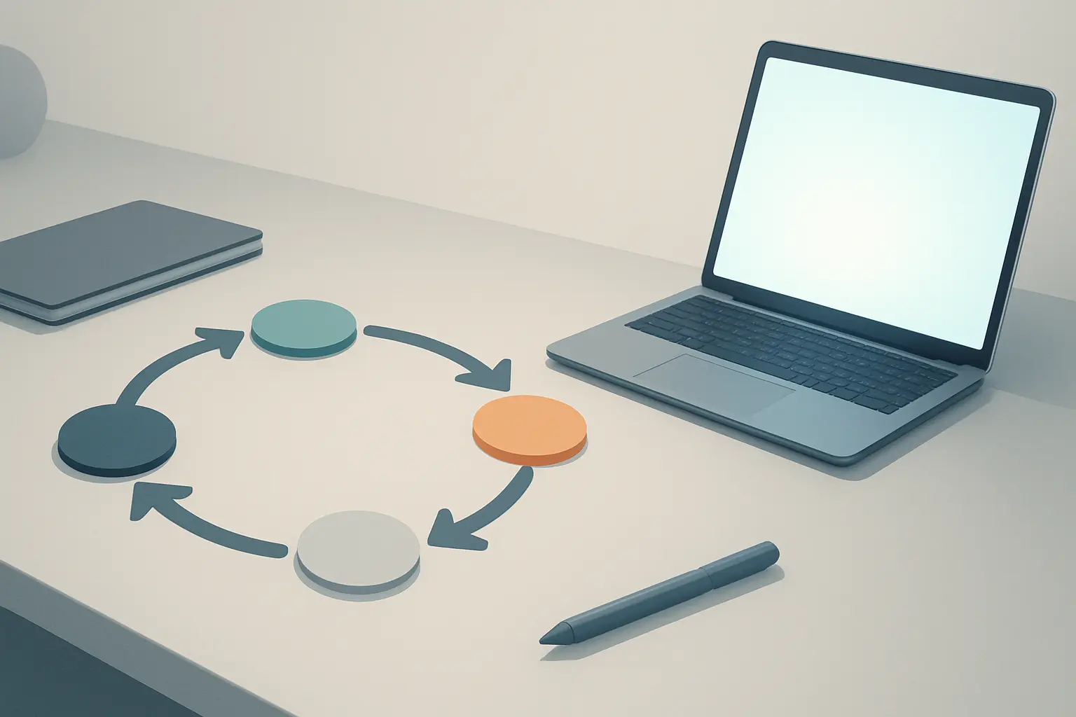 Circular workflow of connected nodes on a minimal tech desk with a glowing laptop screen, representing automated agent loops