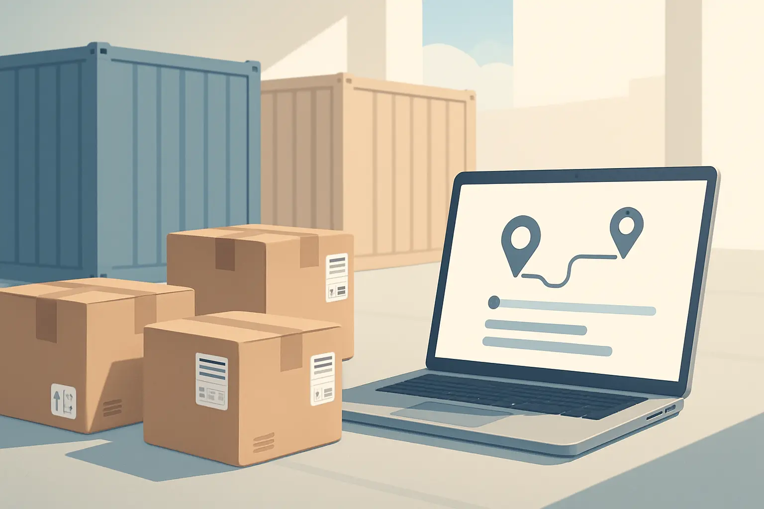 Cargo boxes with shipping labels on a warehouse floor with freight containers in the background, representing AI-automated freight forwarding