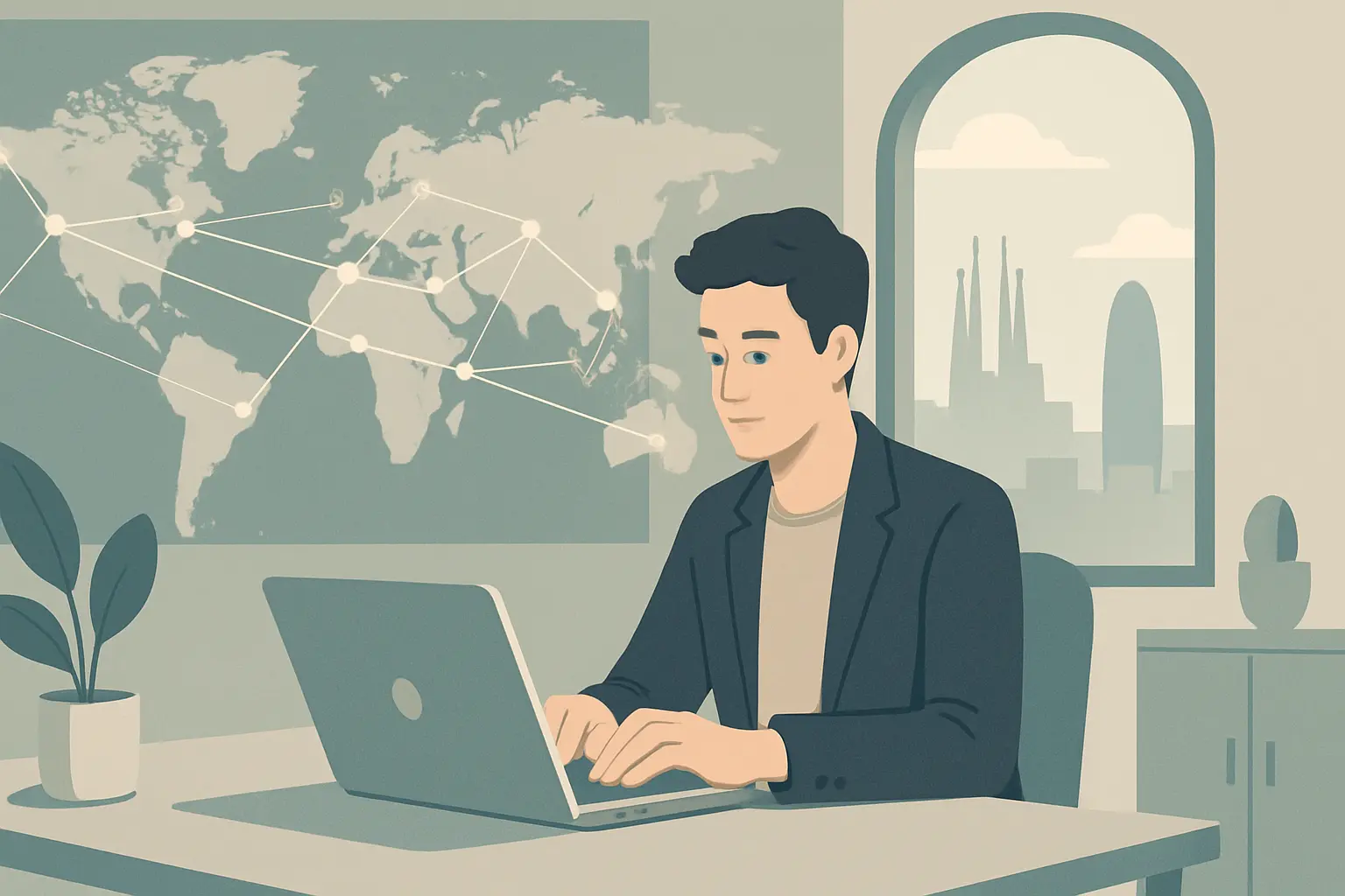A founder working on a laptop in a modern Barcelona office with a world map on the wall showing global connections