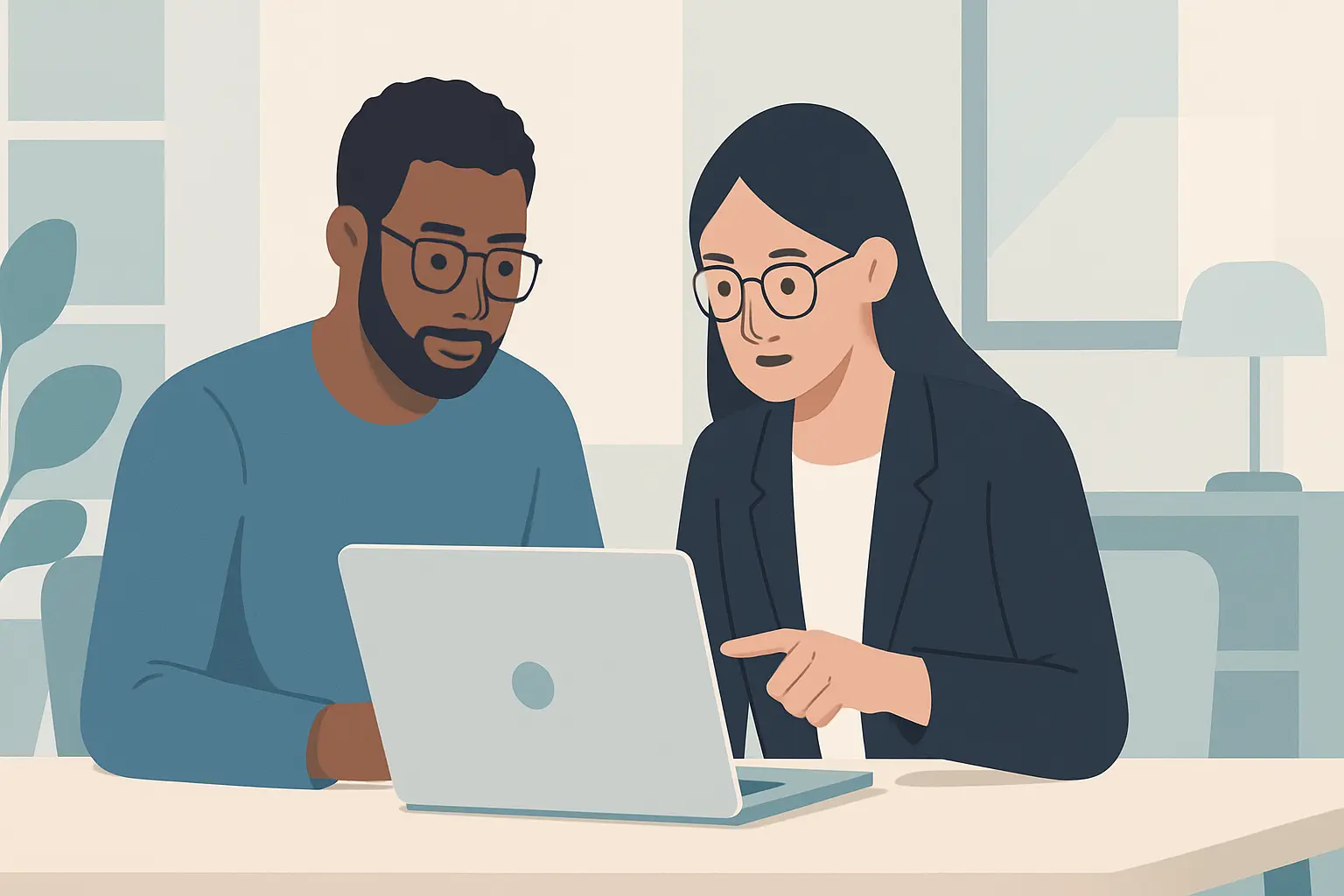Two people collaborating on a laptop in a modern workspace, working together on a startup product