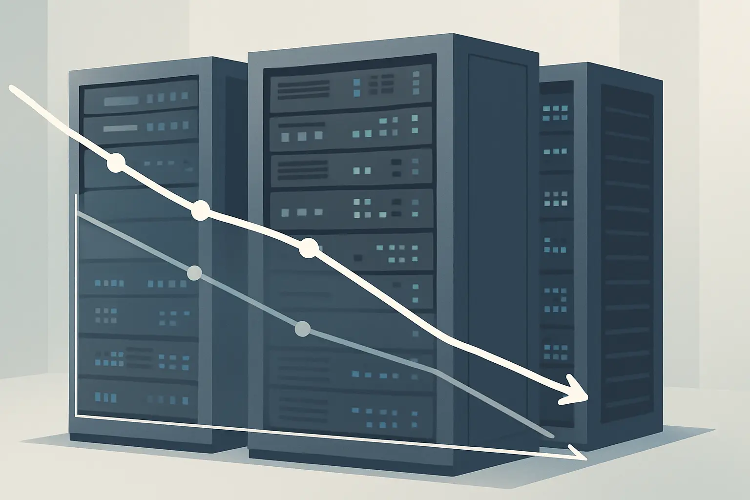 Server racks in a data center with cost graphs trending downward, representing cloud infrastructure cost reduction